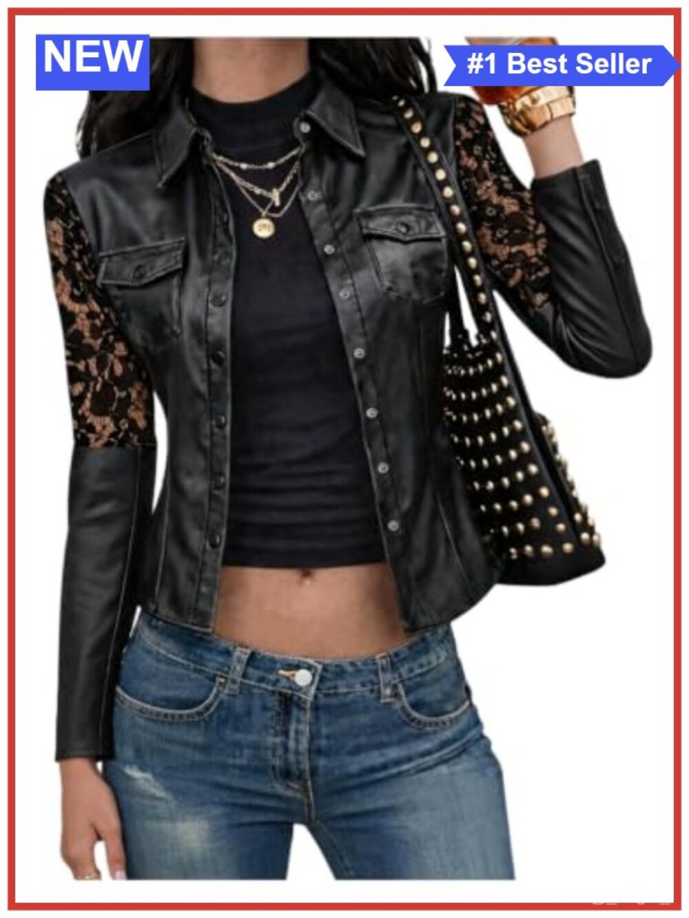 Faux Leather Cropped Jacket Studded Lace Button Down Coat
